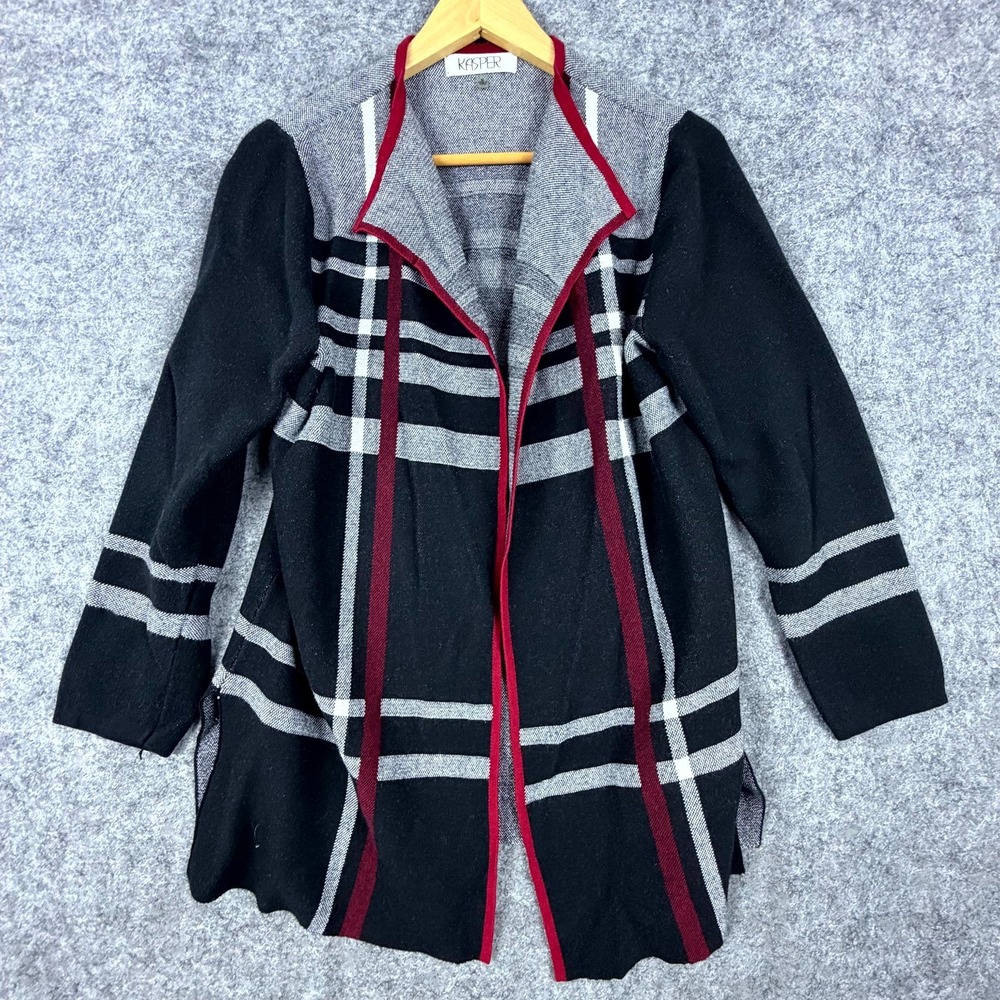 Kasper Cardigan Sweater Womens Medium Black Gray Plaid Lagenlook Open Front